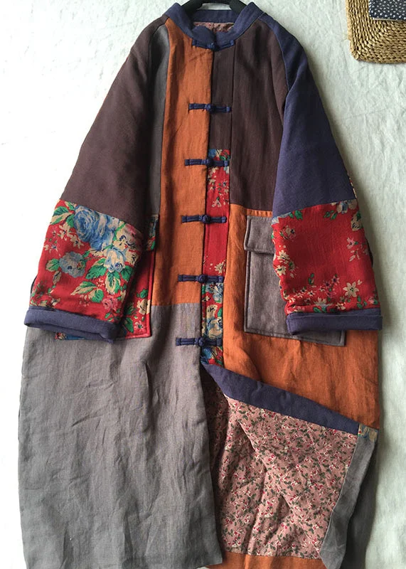 Final Call – Shop Elegant And Casual Fashion For Less Loose Colorblock Chinese Button Pockets Patchwork Cotton Thin Coat Fall