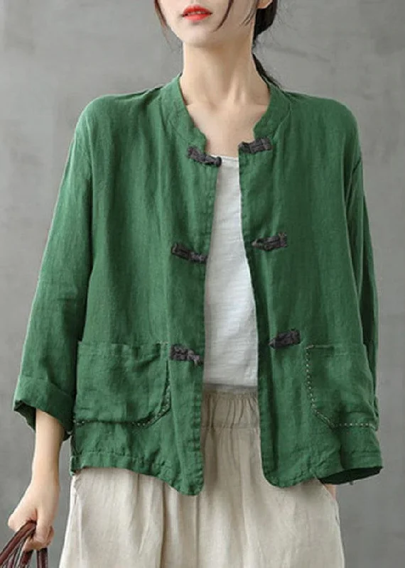 Casual Chic Clothing For Women Boutique Green Stand Collar Embroidered Patchwork Linen Coat