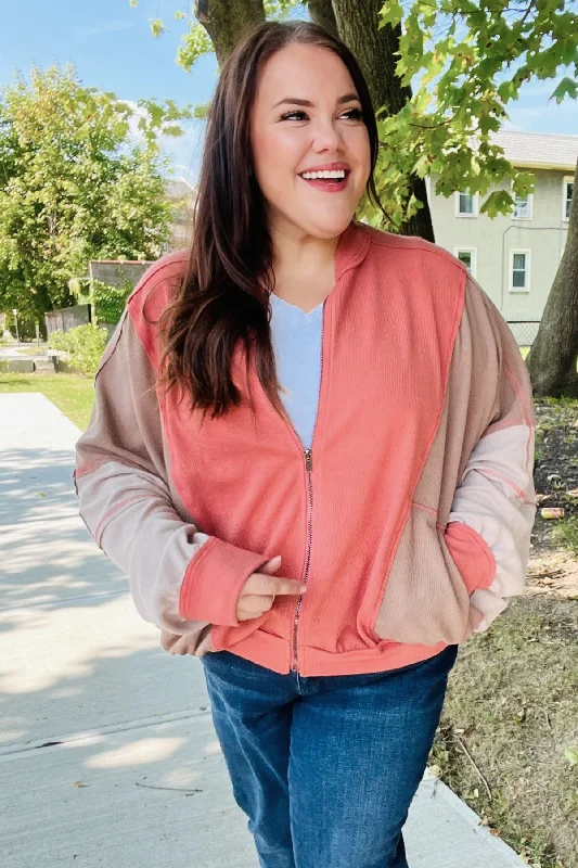 Modern Women's Apparel Camel Dolman Sleeve Colorblock Knit Bomber Jacket