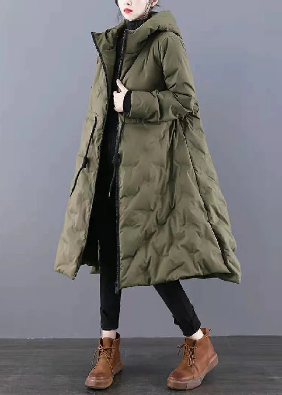 Women's Elegant Garments Boho Army Green Hooded Drawstring Side Open Thick Duck Down Down Coats Winter