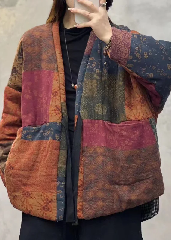 Women's Clothing For Outdoor Events Vintage Orange V Neck Pockets Patchwork Fine Cotton Filled Jackets Winter Women's Clothing For Outdoor Events Vintage Orange V Neck Pockets Patchwork Fine Cotton Filled Jackets Winter