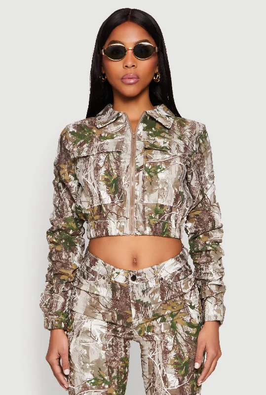 Women's Effortless Casual Outfit Printed Hyperstretch Ruched Sleeve Cropped Jacket