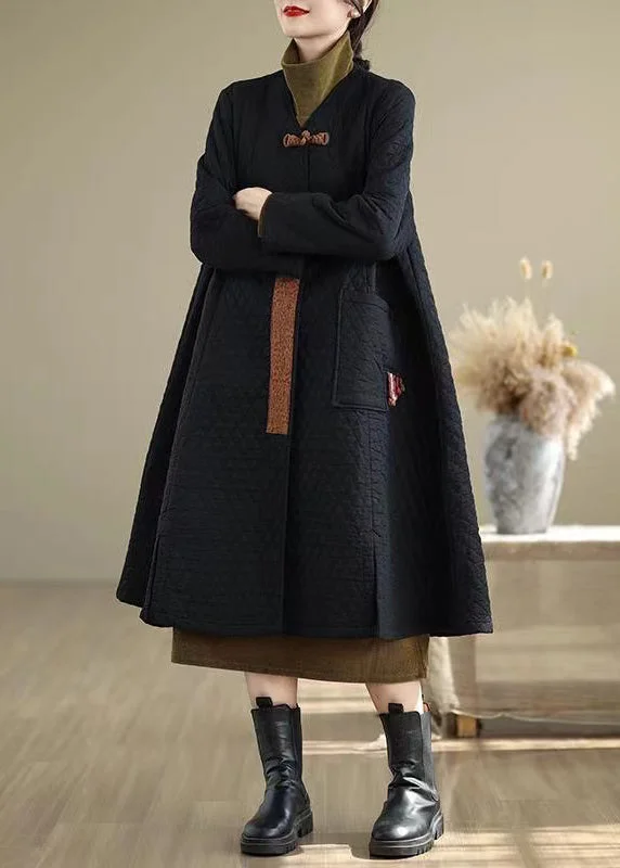 Women's Everyday Garments Chinese Style Black V Neck Pockets Fine Cotton Filled Winter Coats Women's Everyday Garments Chinese Style Black V Neck Pockets Fine Cotton Filled Winter Coats