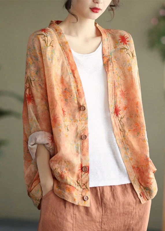 Women's Workout Clothing Beautiful Orange V Neck Print Button Linen Coats Long Sleeve