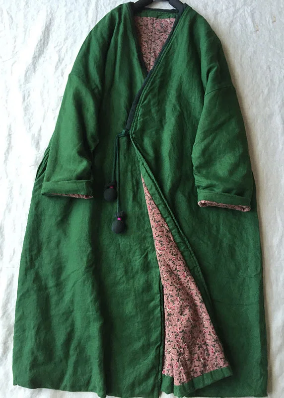 Women's Party Clothes Women Green V Neck Button Cotton Filled Parka Long Coats Winter