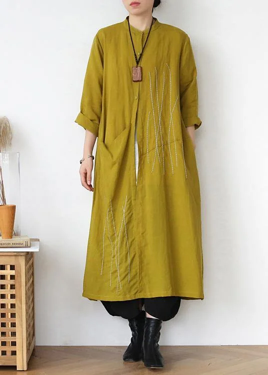 Women's Plus-Size Garments Plus Size Yellow Peter Pan Collar Linen Long Spring Coat Women's Plus-Size Garments Plus Size Yellow Peter Pan Collar Linen Long Spring Coat