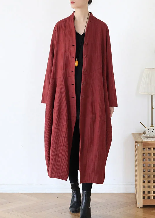 Women's Athletic Garments Brick Red V Neck Button Linen Trench Coats Long Sleeve