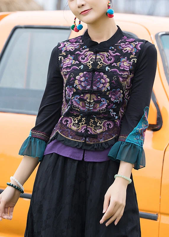 Women's Garments Elegant Black Stand Collar Embroideried Floral Linen Waistcoat Fall