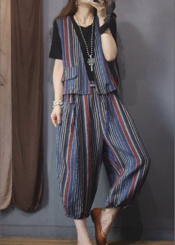 Women's Transitional Garments Casual Red Blue Striped Linen Waistcoat And Beam Pants Two Piece Set Outfits Summer Women's Transitional Garments Casual Red Blue Striped Linen Waistcoat And Beam Pants Two Piece Set Outfits Summer
