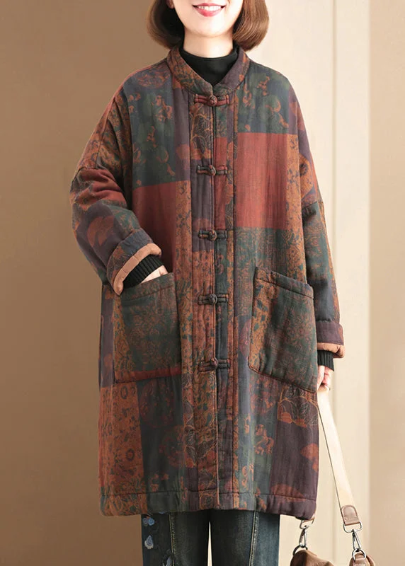 Refresh Your Wardrobe With Exclusive Discounts Vintage Navy Pockets Print Fine Cotton Filled Women Witner Coats