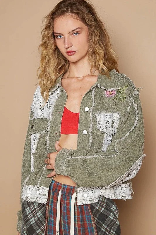 Women's Sporty Clothes Olive Floral Embroidered Crochet Trim Jacket