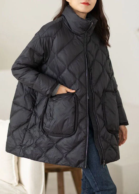 Women's Plus-Size Apparel Plus Size Black Stand Collar Zip Up Duck Down Puffers Jackets Winter