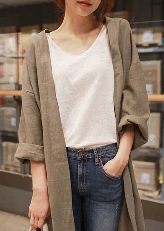 Tailored Clothing For Women Khaki Fall Linen Maxi Cotton Coats Long Sleeve