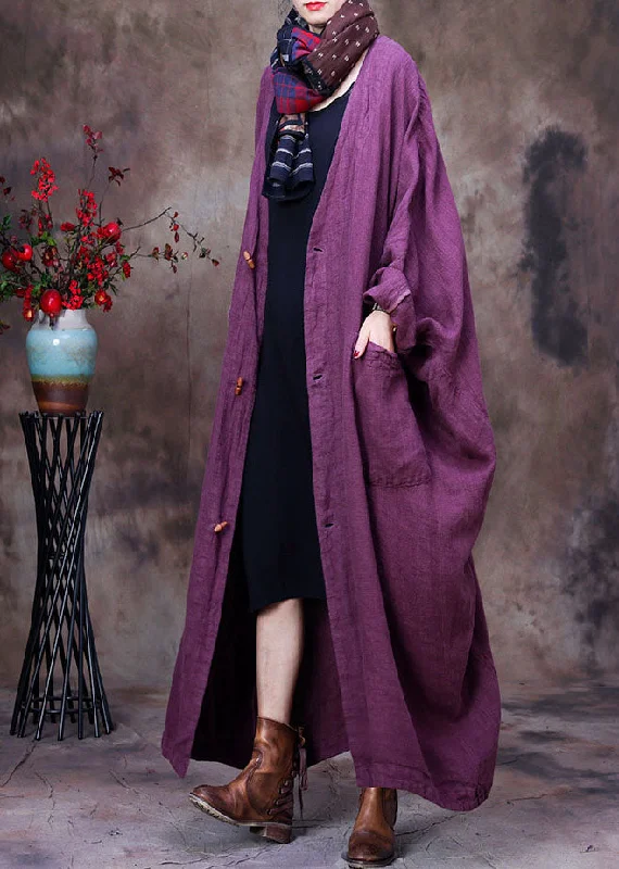 Timeless Women's Outfit Plus Size Purple V Neck Floral Linen Coat Outwear Long Sleeve