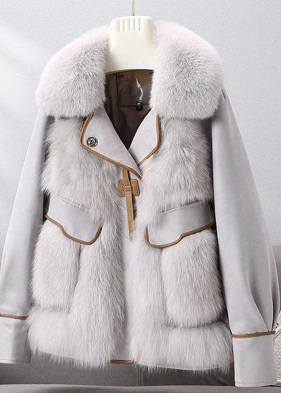 Formal Garments For Women French Grey Fox Collar Leather Patchwork Button Down Coat Winter