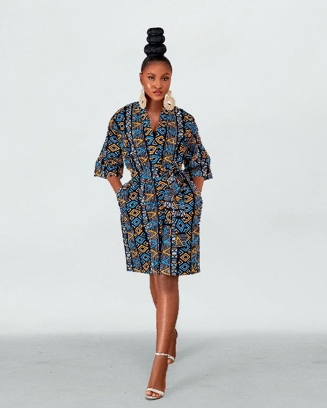 Women's Professional Apparel Fatima Ankara  Kimono Jacket | Black and Yellow Multicolored African Print