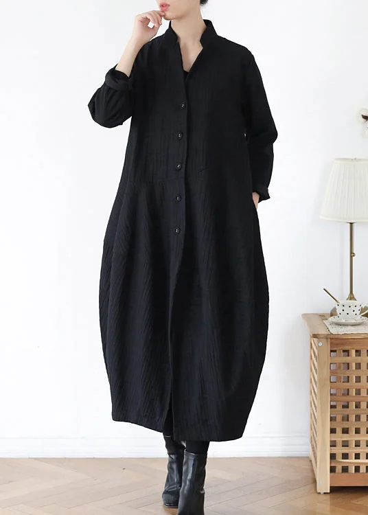 Women's Vacation Garments Unique Black V Neck Pockets Linen Trench Coats Long Sleeve