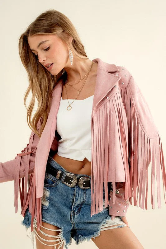 Women's Clothing Outfit Set Studded Fringe Open Western Jacket
