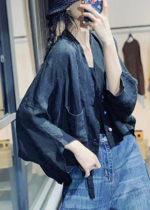 Women's Comfortable Apparel Black Low High Design Solid Linen Coat V Neck Fall