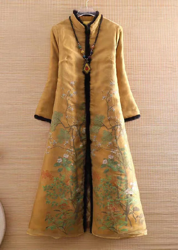 Limited-Time Offers On Elegant And Casual Styles New Yellow Fur Collar Print Cotton Filled Long Coat Winter