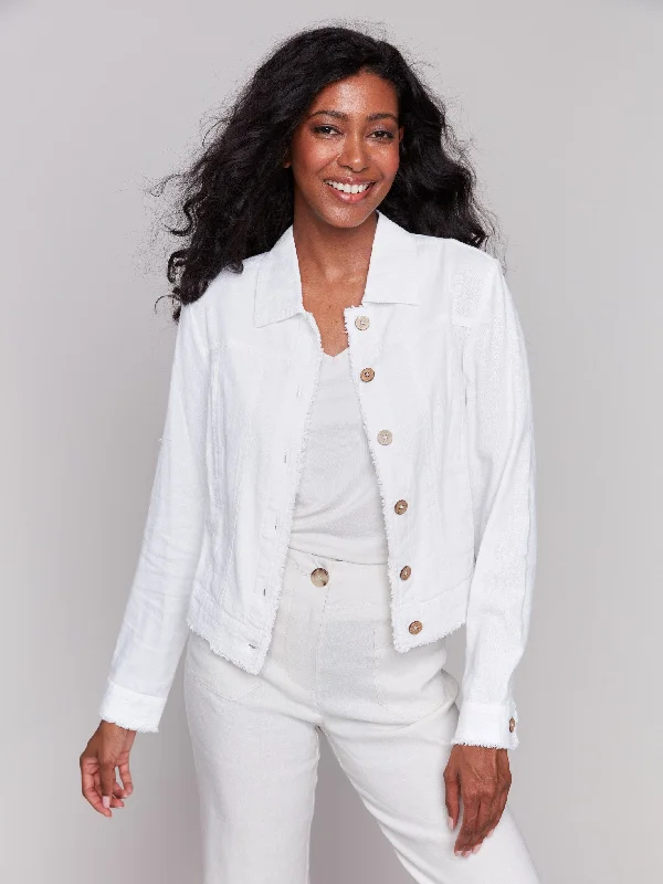 Women's Sporty Chic Clothes Linen Blend Jacket - White