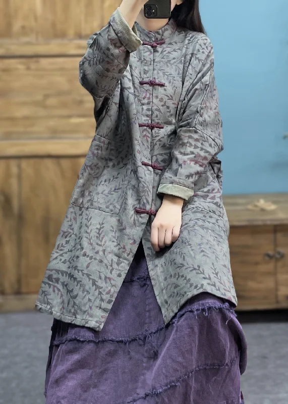 Women's Sporty Chic Clothes Grey Print Patchwork Linen Coat Stand Collar Spring