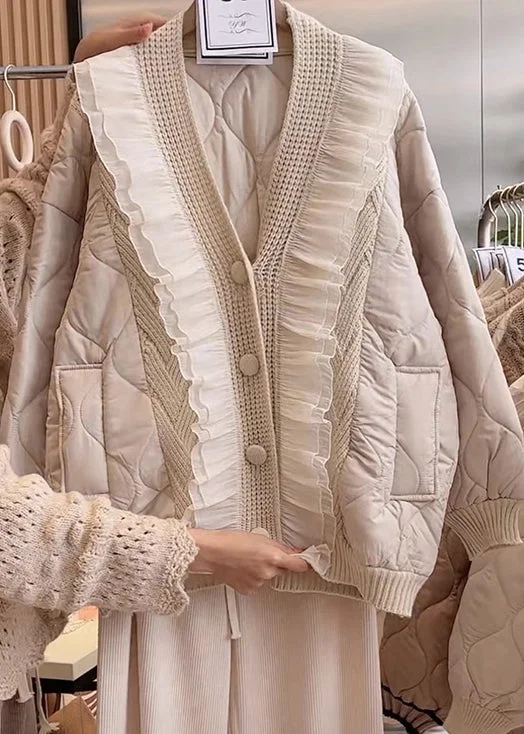 Women's Stylish Professional Garments Women Beige V Neck Ruffled Patchwork Fine Cotton Filled Jacket Spring Women's Stylish Professional Garments Women Beige V Neck Ruffled Patchwork Fine Cotton Filled Jacket Spring