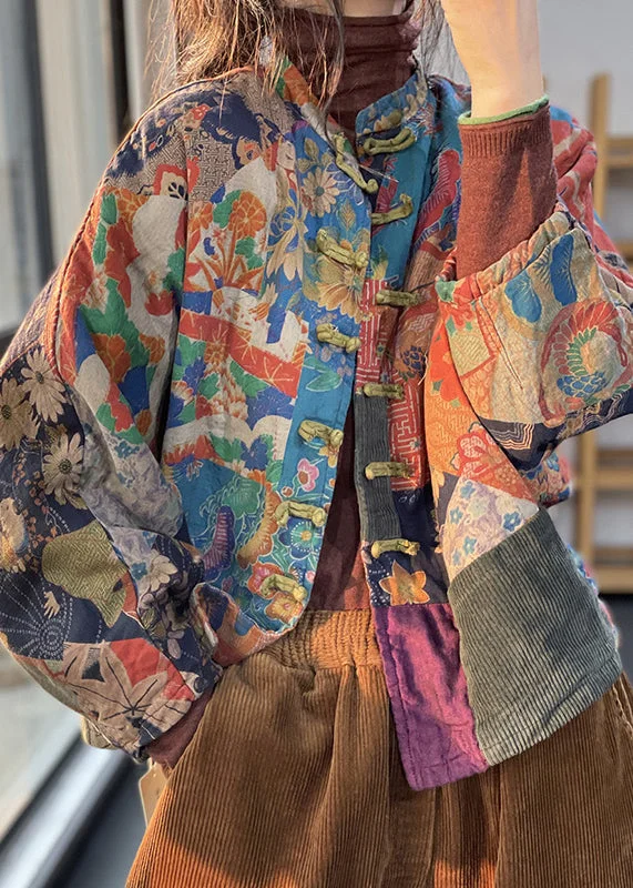 Women's Floral Print Outfit Retro Print Oriental Button Corduroy Fine Cotton Filled Coat Winter Women's Floral Print Outfit Retro Print Oriental Button Corduroy Fine Cotton Filled Coat Winter