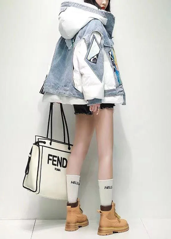 Women's Holiday Apparel French White Hooded Denim Patchwork Duck Down Puffer Jacket Winter Women's Holiday Apparel French White Hooded Denim Patchwork Duck Down Puffer Jacket Winter
