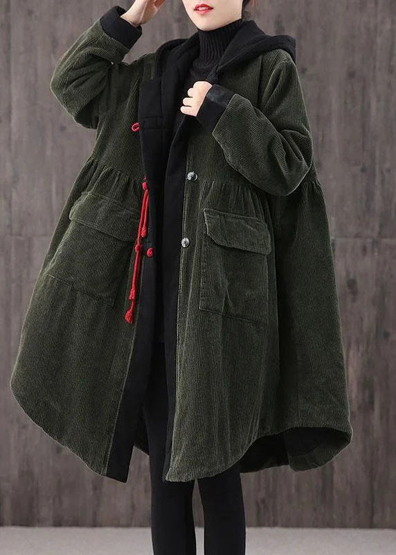 Women's Vintage Clothes Women Tea Green hooded Button Pockets Patchwork Winter Cotton Parka Long sleeve Coat
