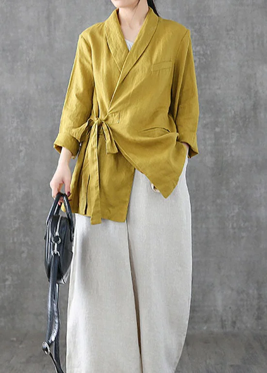 Women's Transitional Clothes Unique Yellow Peter Pan Collar Pockets Tie Waist Patchwork Linen Coats Spring