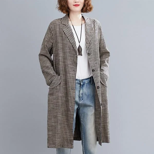 Women's Apparel plus size cotton linen vintage stripe casual loose long autumn spring trench coat Women's Apparel plus size cotton linen vintage stripe casual loose long autumn spring trench coat