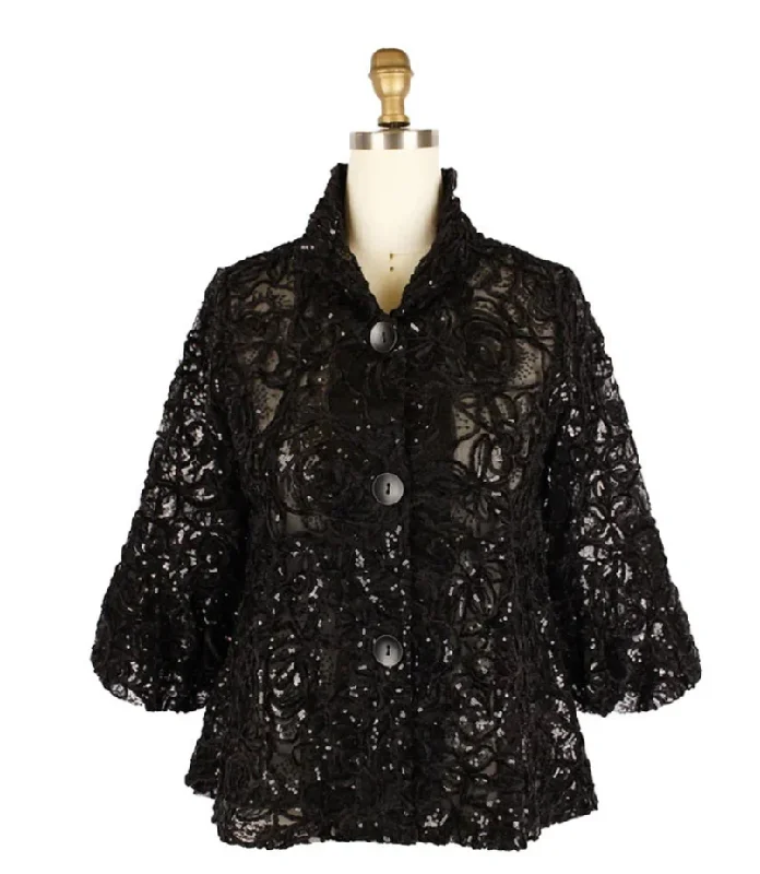 High-Fashion Women's Clothing Damee Floral Chenille ANd Sequin Peplum Jacket Black