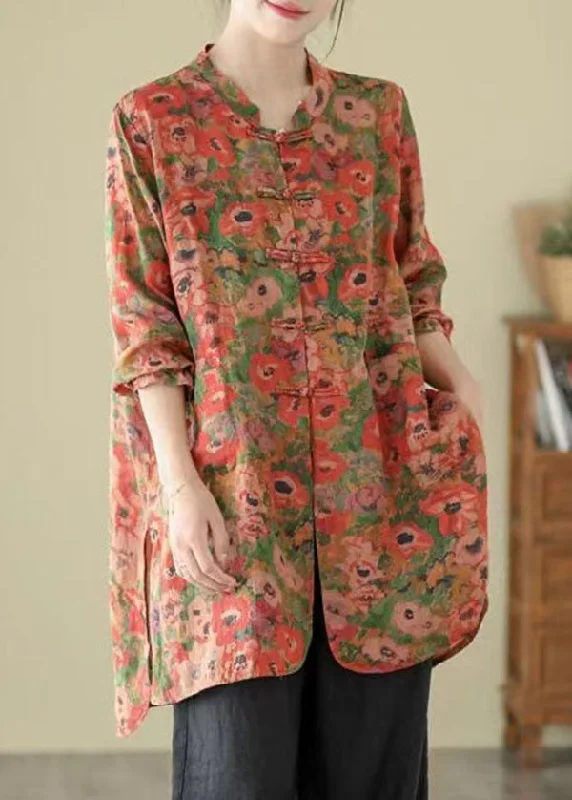 Women's Stylish Professional Apparel Vintage Stand Collar Chinese Button Print Linen Shirts Coat Long Sleeve Women's Stylish Professional Apparel Vintage Stand Collar Chinese Button Print Linen Shirts Coat Long Sleeve