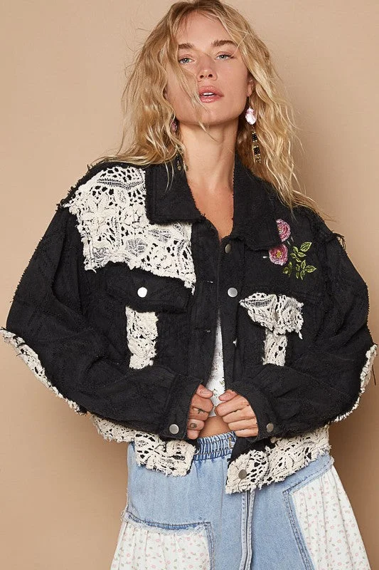Women's Clothes For Outdoor Events Black Floral Embroidered Crochet Trim Jacket