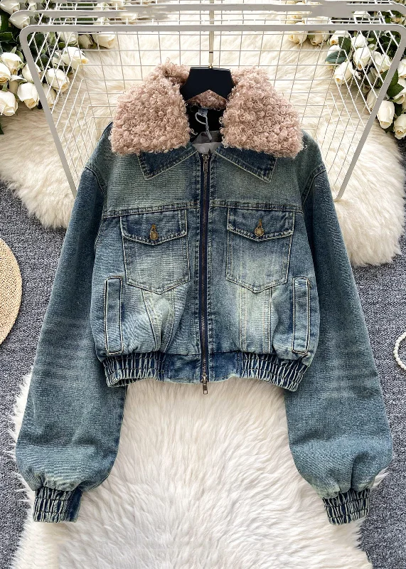 Sustainable Women's Clothes Light Blue Zippered Cotton Filled Denim Coat Fur Collar Winter Sustainable Women's Clothes Light Blue Zippered Cotton Filled Denim Coat Fur Collar Winter
