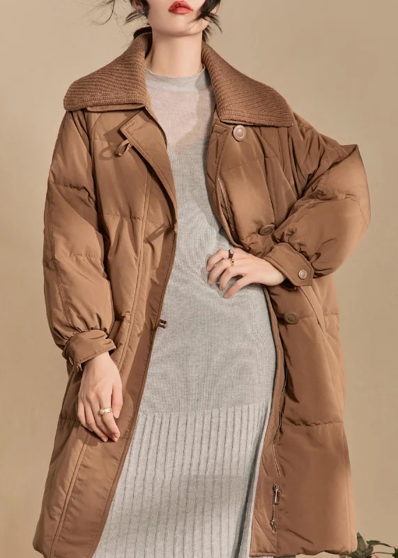 Vintage-Inspired Garments Loose Brown Button Pockets Knit Patchwork Parkas Winter
