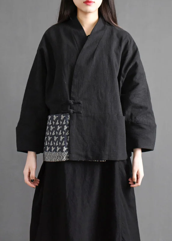 Vintage-Inspired Women's Apparel Plus Size Black V Neck Pockets Patchwork Fine Cotton Filled Coat Batwing Sleeve Vintage-Inspired Women's Apparel Plus Size Black V Neck Pockets Patchwork Fine Cotton Filled Coat Batwing Sleeve