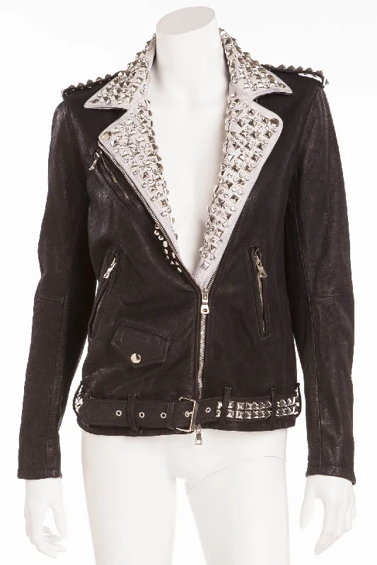 Casual Apparel For Women Balmain - Brand New with Tags Black Leather Jacket White Trim w/Silver Studs + Rhinestones - FR 40