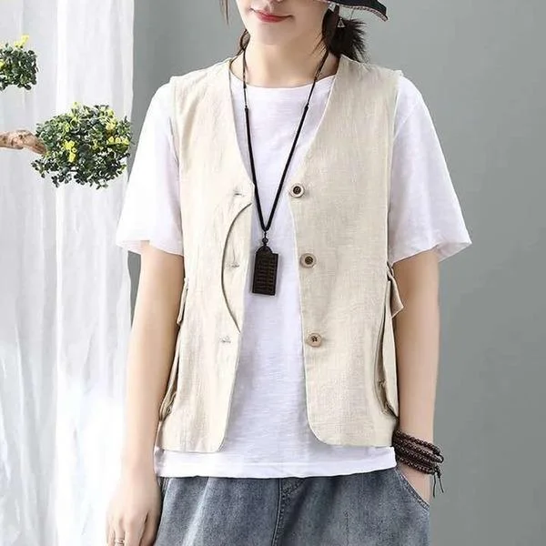 Women's Formal Clothes Korean Style Vintage V-neck Single Breasted Loose Casual Female Cotton Linen Vest Coats Women's Formal Clothes Korean Style Vintage V-neck Single Breasted Loose Casual Female Cotton Linen Vest Coats