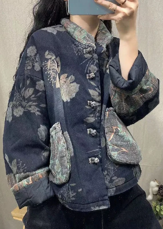 Vintage Clothing For Women Vintage Navy Pockets Print Fine Cotton Filled Denim Jacket Spring Vintage Clothing For Women Vintage Navy Pockets Print Fine Cotton Filled Denim Jacket Spring