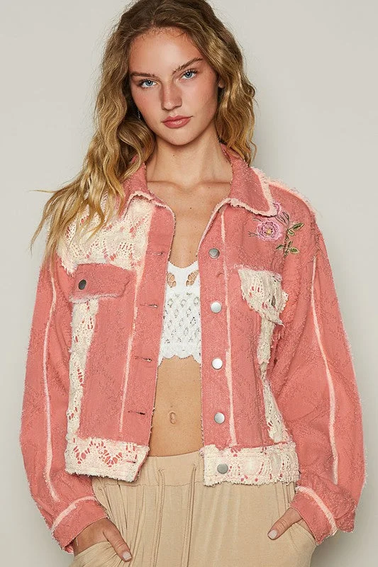 Affordable Women's Clothing Coral Floral Embroidered Crochet Trim Jacket