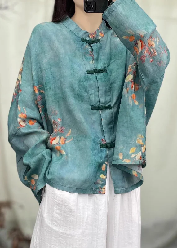 Women's Casual Wear Clothes Green Print Patchwork Linen Coat O Neck Long Sleeve