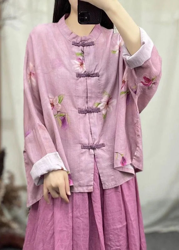 Women's Transitional Clothes New Pink O Neck Button Patchwork Linen Coat Spring