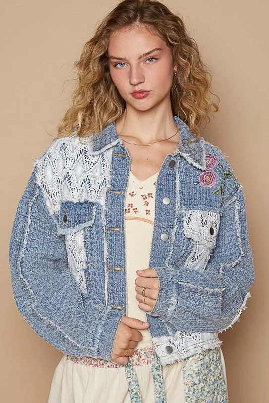 Modern Women's Clothes Dusty Blue Floral Embroidered Crochet Trim Jacket