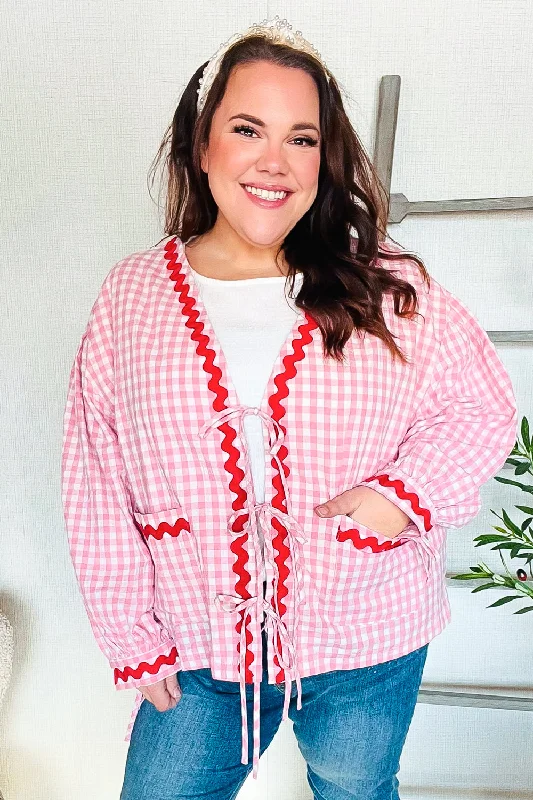 Women's Night-Out Clothes Pink Gingham Red Wavy Trim Front Tie Jacket