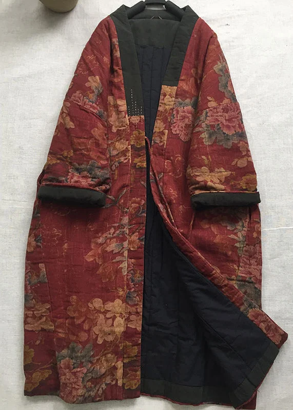 Women's Office Outfit Vintage Red V Neck Print Fine Cotton Filled Long Coat Spring Women's Office Outfit Vintage Red V Neck Print Fine Cotton Filled Long Coat Spring