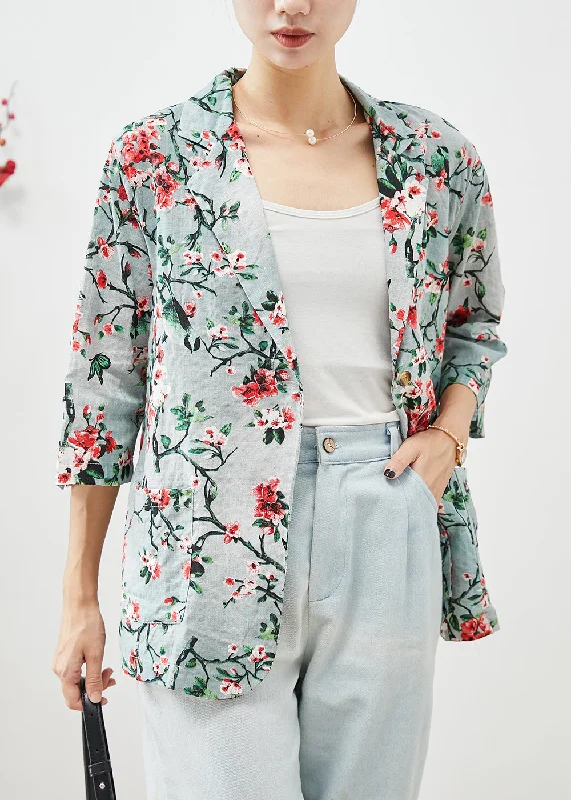 Women's Urban Clothing Women Slim Fit Plum Blossom Print Pockets Linen Coats Half Sleeve Women's Urban Clothing Women Slim Fit Plum Blossom Print Pockets Linen Coats Half Sleeve