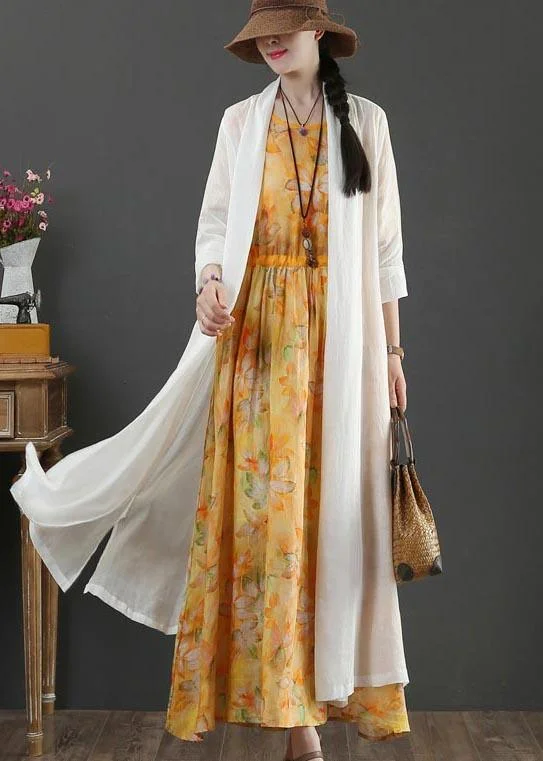 Women's Vintage Garments Plus Size White Summer Linen side open Loose Coat Long