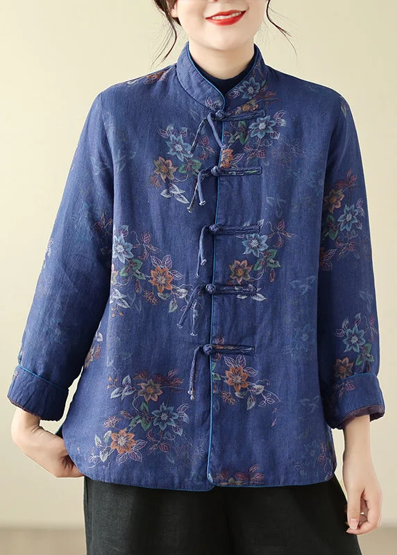 Classic Clothes For Women Loose Navy Stand Collar Chinese Button Cotton Filled Parkas Winter Classic Clothes For Women Loose Navy Stand Collar Chinese Button Cotton Filled Parkas Winter